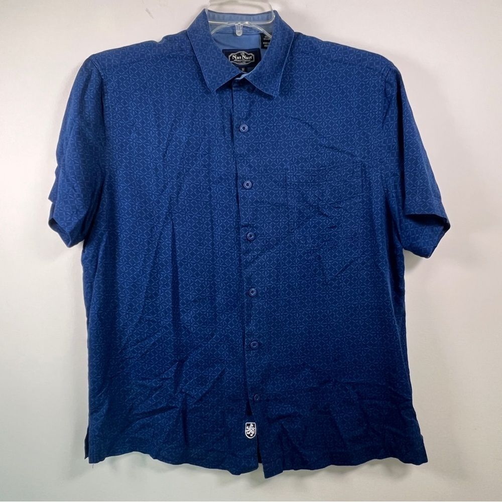 Nat Nast Luxury Originals Shirt Men Blue Silk Blend Button Down Short Sleeve Med